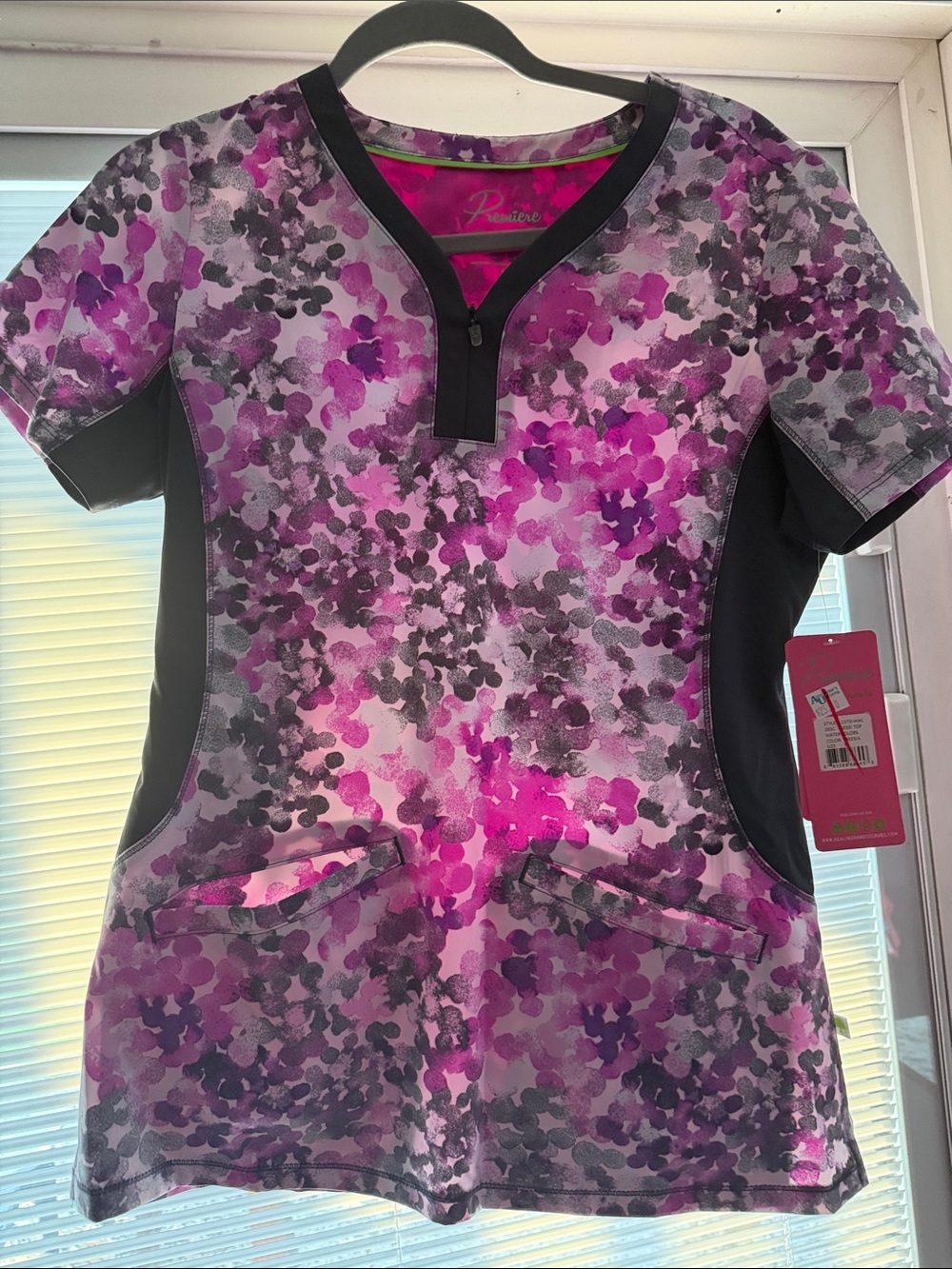 Premier Purple Watercolor Floral Scrub Top with Black Trim